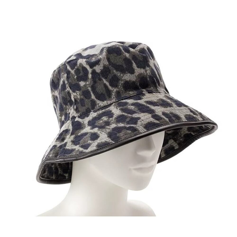 Nine West Animal Print Corduroy Bucket Hat – Black & Grey with Leather Trim–NWT